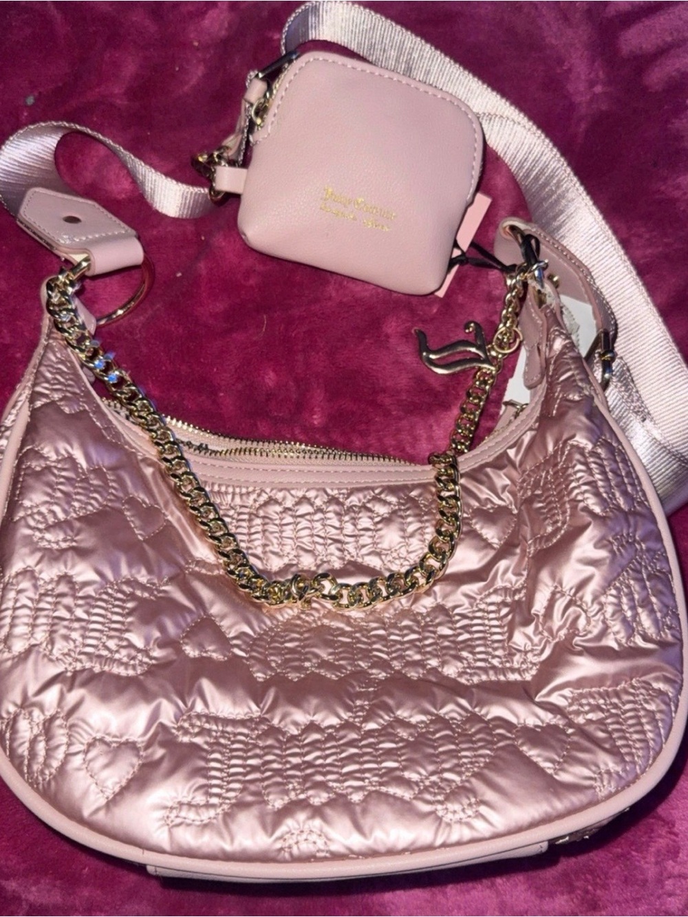 Quilted Pink Shoulder Bag with Gold Chain and Pouch